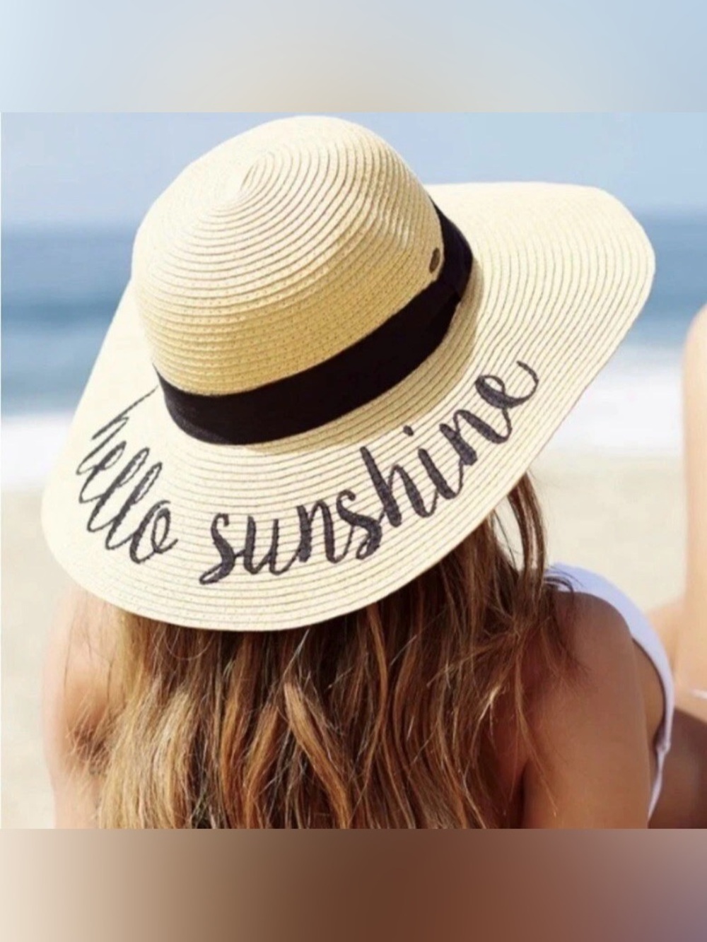 C.C Exclusives wide Brim Straw Sun Hat, beige/Black, embroidered “Hello Sunshine